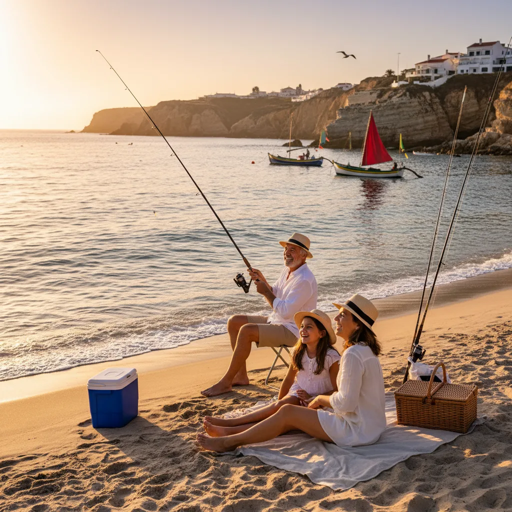 Smiling group fishing from a boat on the Algarve coast